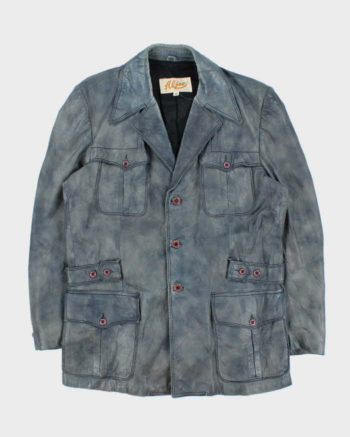 Vintage 1970s Aljac Ocean Blue Calfskin Long Leather Jacket - XL