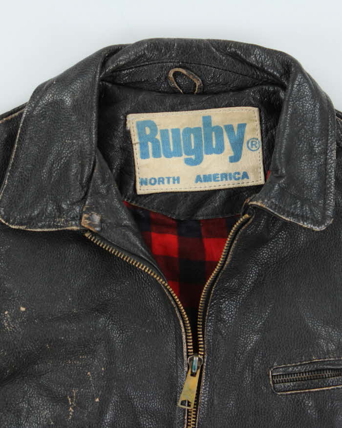Vintage 1980s Rugby North America Leather Plaid Lined Biker Jacket - L