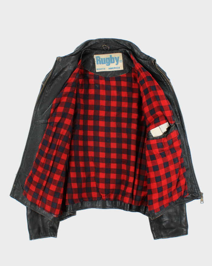 Vintage 1980s Rugby North America Leather Plaid Lined Biker Jacket - L