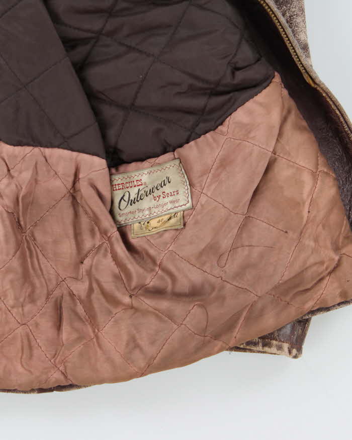 Vintage 1950s Sears Hercules Outerwear Steerhide Fur Collared Long Leather Jacket - XL