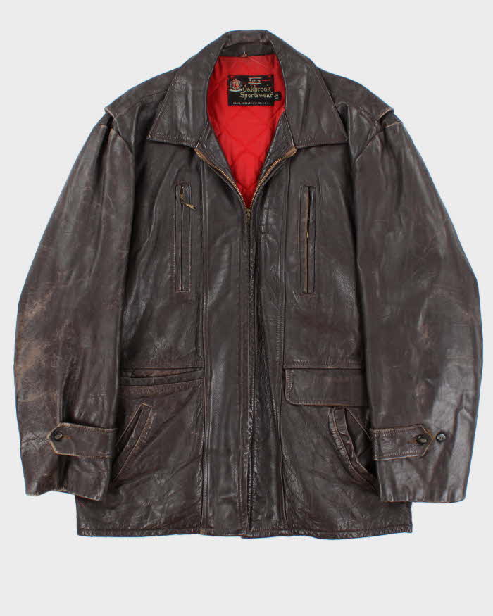 Vintage 1960s Sears Oakbrook Brown Quilt Lined Long Leather Jacket - XL