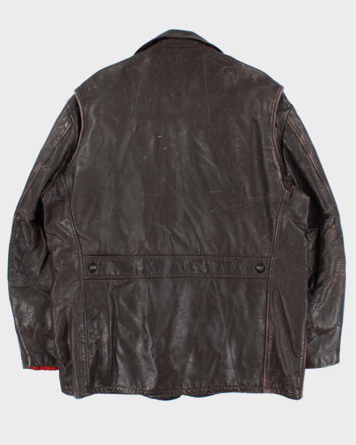 Vintage 1960s Sears Oakbrook Brown Quilt Lined Long Leather Jacket - XL