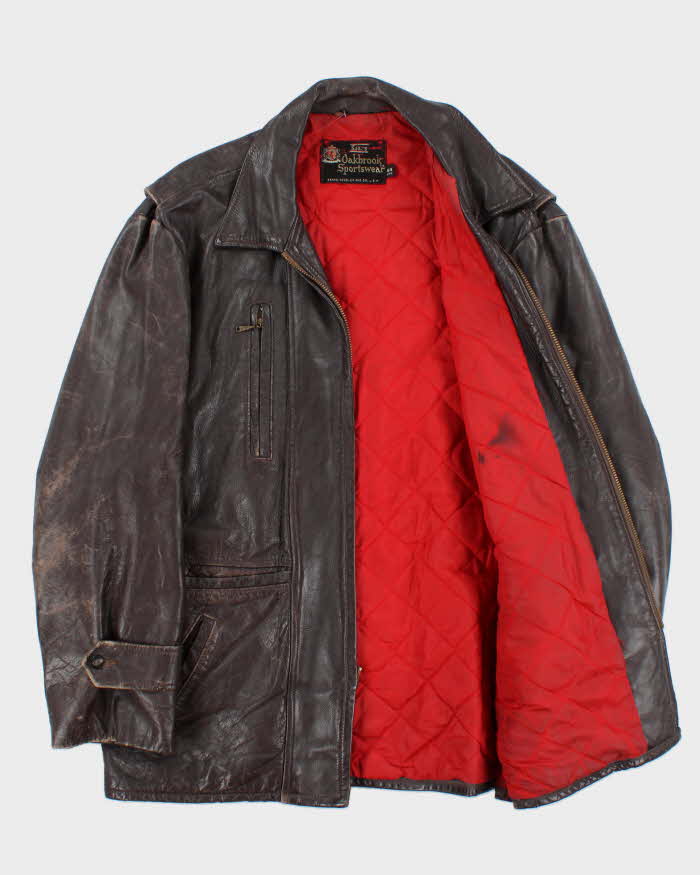 Vintage 1960s Sears Oakbrook Brown Quilt Lined Long Leather Jacket - XL