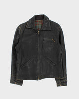 Vintage 1950s Black Plaid Lined Ponyhide Leather Trucker Jacket - M
