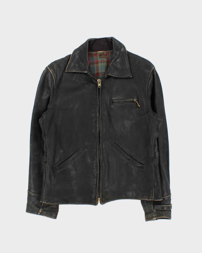 Vintage 1950s Black Plaid Lined Ponyhide Leather Trucker Jacket - M