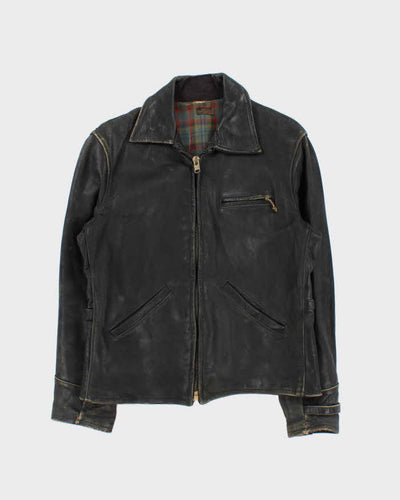 Vintage 1950s Black Plaid Lined Horsehide Leather Jacket - M