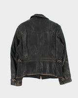 Vintage 1950s Black Plaid Lined Ponyhide Leather Trucker Jacket - M