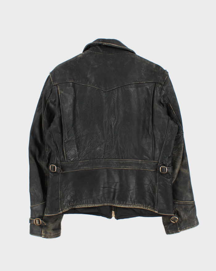 Vintage 1950s Black Plaid Lined Horsehide Leather Jacket - M