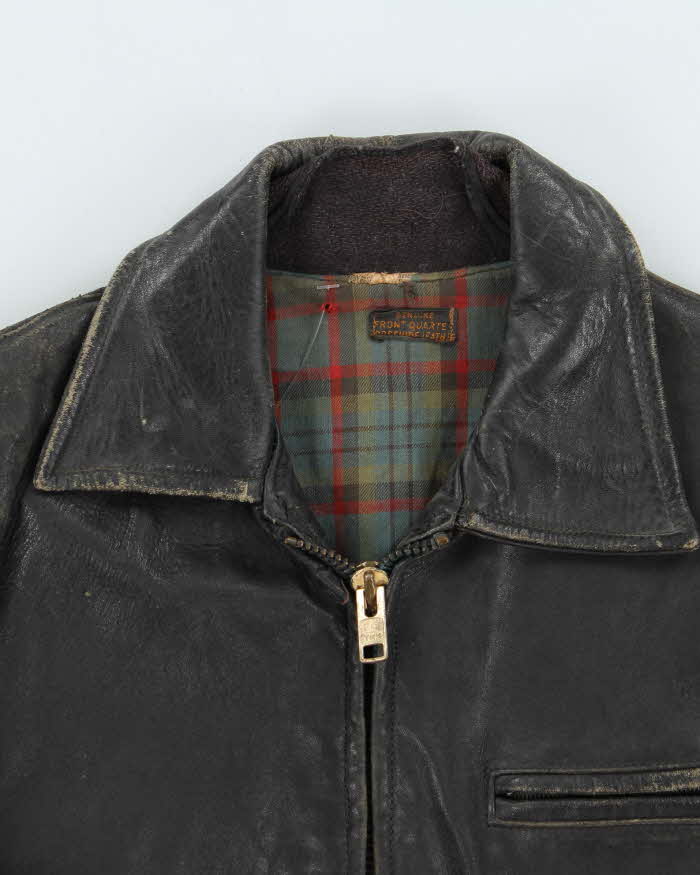 Vintage 1950s Black Plaid Lined Ponyhide Leather Trucker Jacket - M