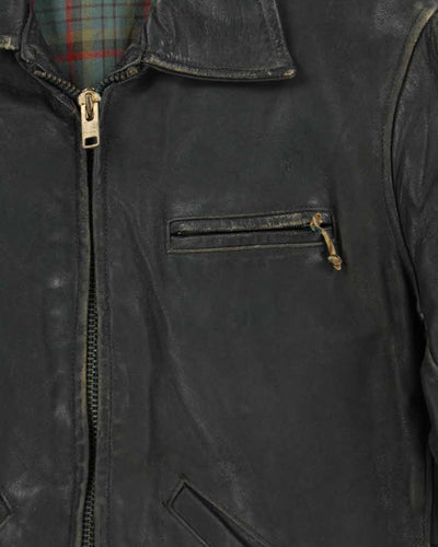 Vintage 1950s Black Plaid Lined Horsehide Leather Jacket - M