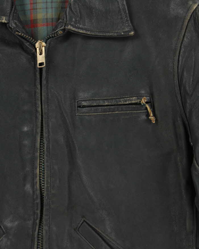 Vintage 1950s Black Plaid Lined Horsehide Leather Jacket - M