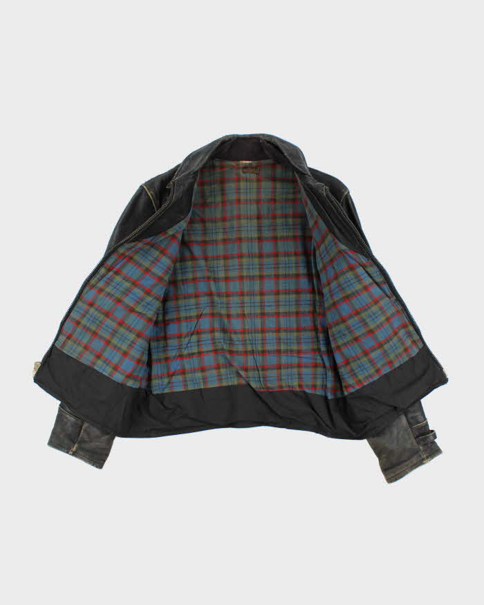 Vintage 1950s Black Plaid Lined Ponyhide Leather Trucker Jacket - M
