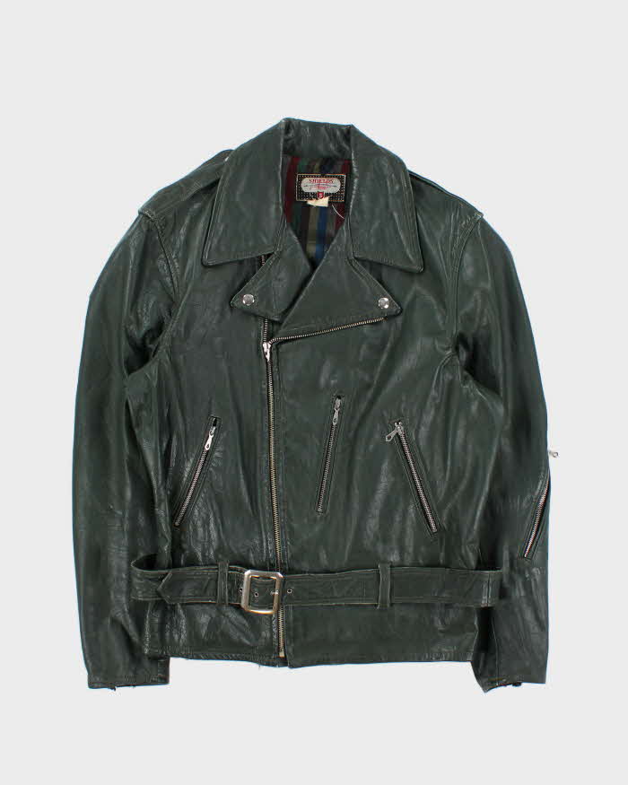 Vintage 1960s Green Shields Leather Motorcycle Biker Jacket - L
