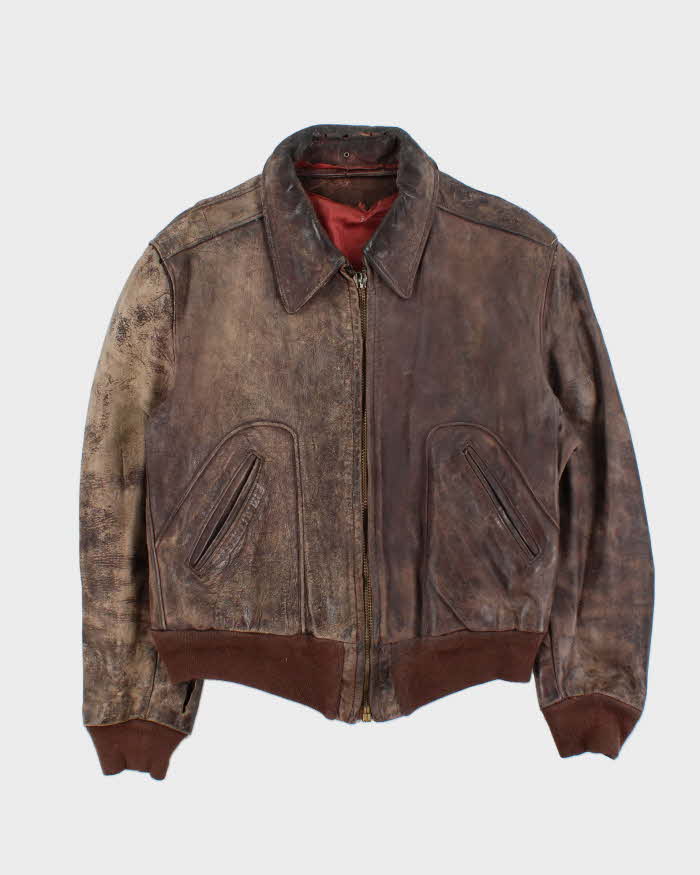 Vintage 1950s Brown Distressed Leather Flight Jacket - L