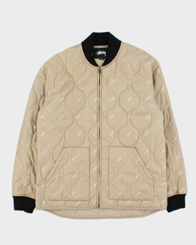 Stussy Beige Logo Print Quilted Bomber Jacket - M
