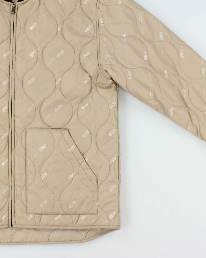 Stussy Beige Logo Print Quilted Bomber Jacket - M