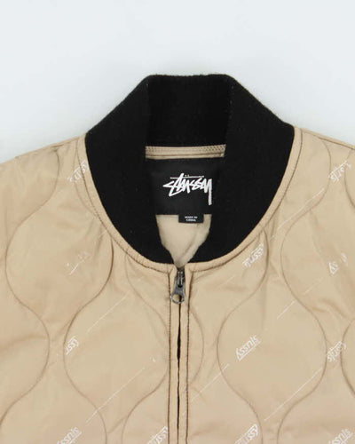 Stussy Beige Logo Print Quilted Bomber Jacket - M