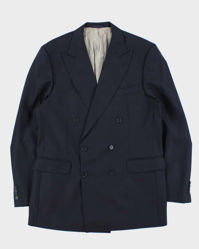 Vintage Aquascutum Navy Blue Pinstriped Double Breasted Pure Wool Blazer - L