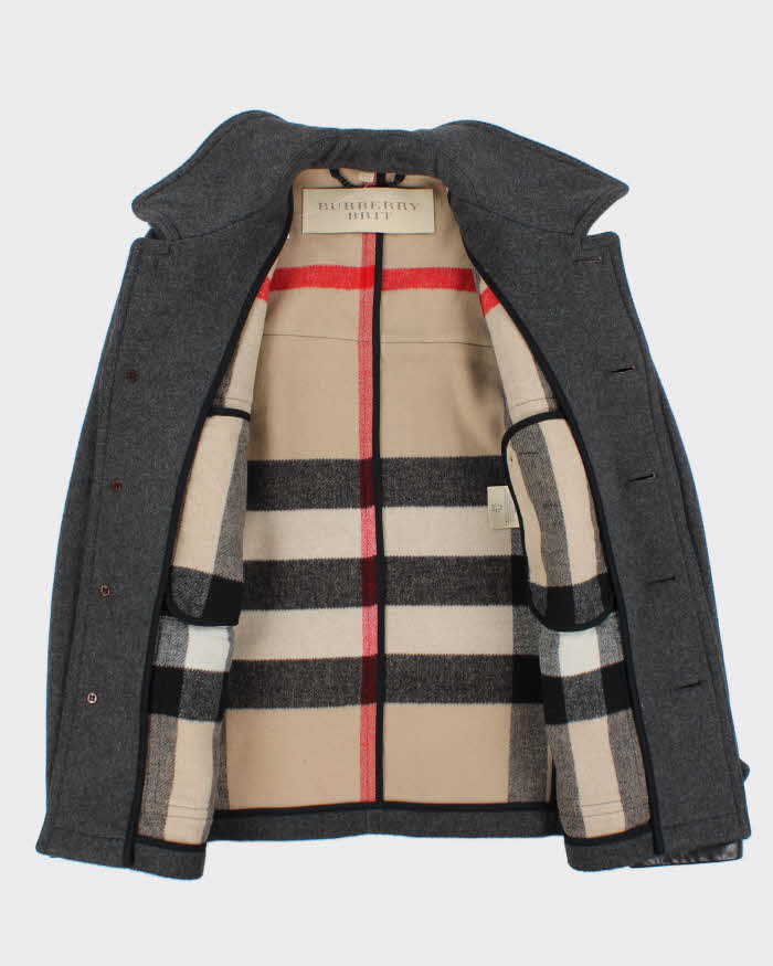 Vintage 00s Burberry Brit Wool Nova Check Lined Naval Pea Coat - L