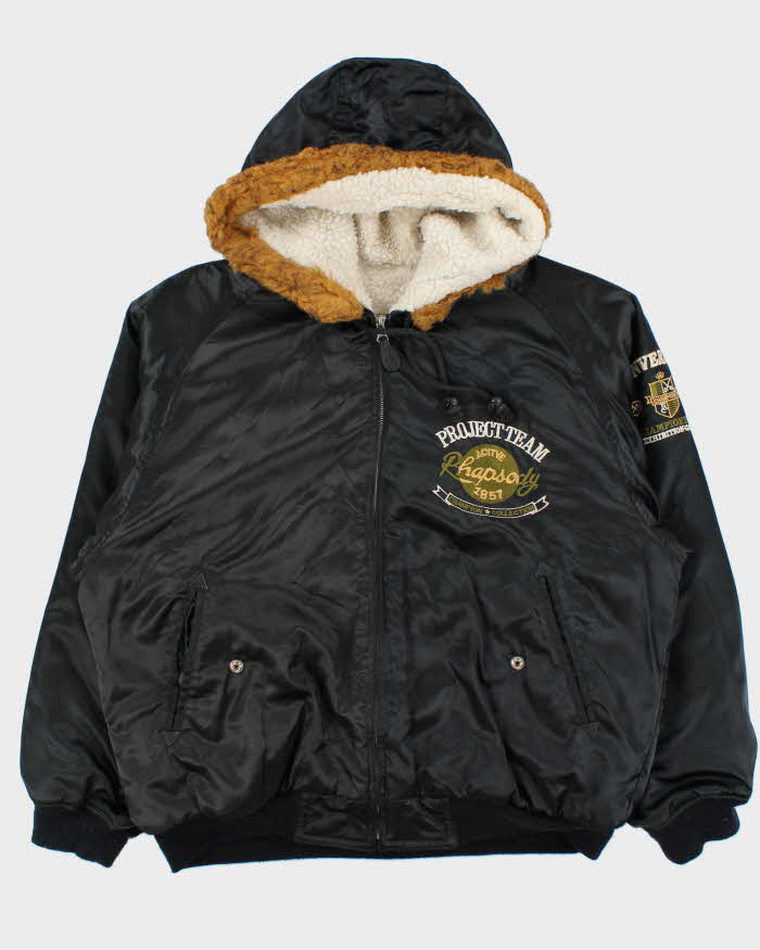 Vintage 1990s Vache Club Satin Shearling Lined Hooded Bomber Jacket - L