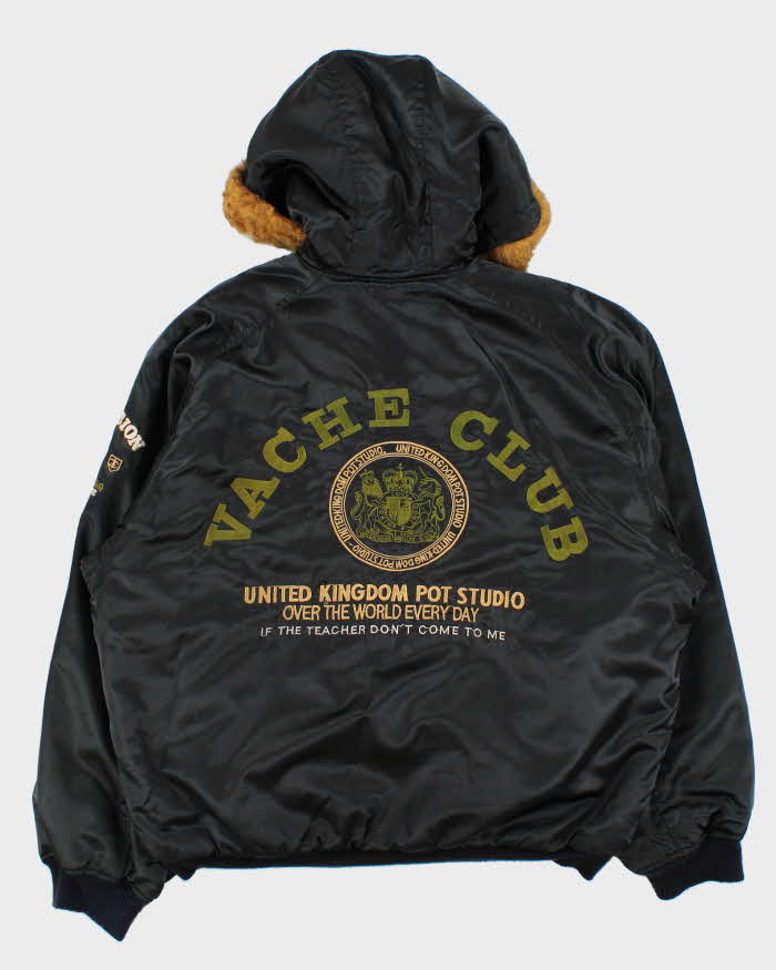 Vintage 1990s Vache Club Satin Shearling Lined Hooded Bomber Jacket - L