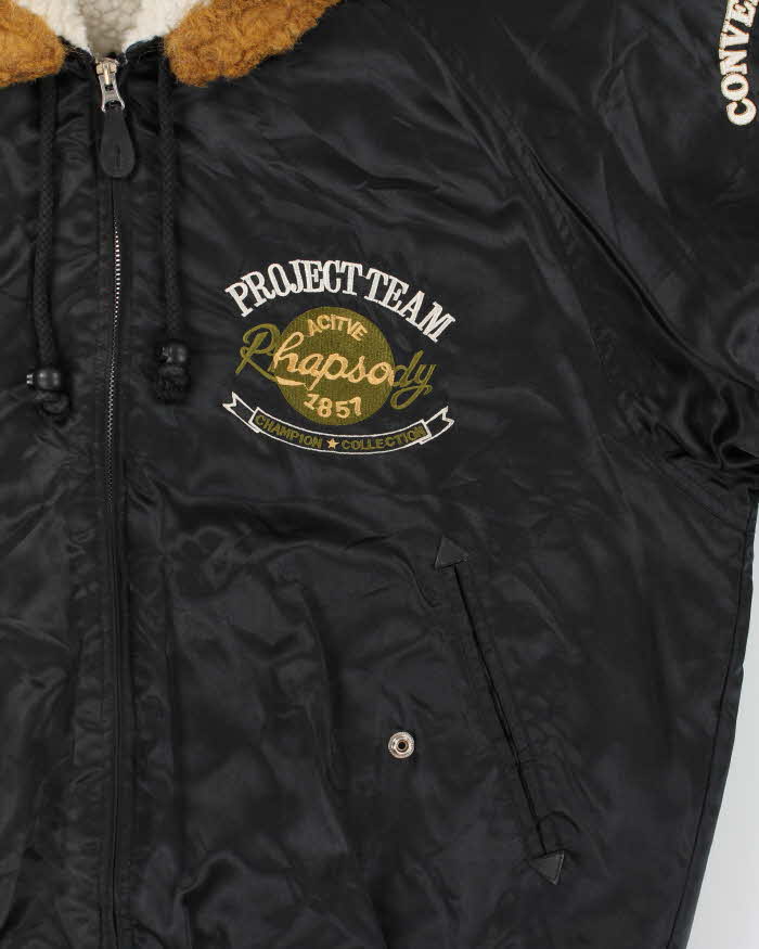 Vintage 1990s Vache Club Satin Shearling Lined Hooded Bomber Jacket - L