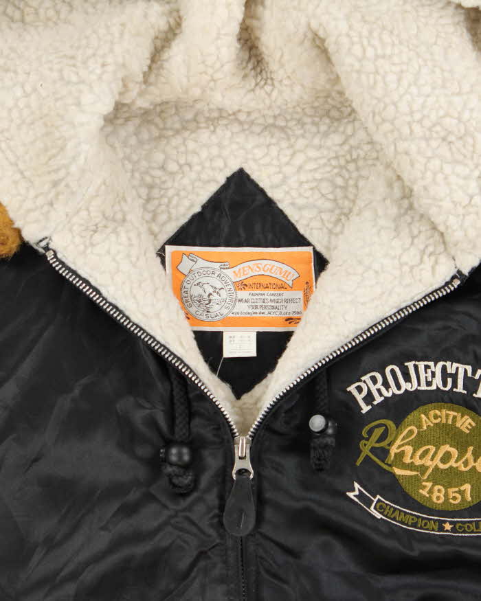 Vintage 1990s Vache Club Satin Shearling Lined Hooded Bomber Jacket - L