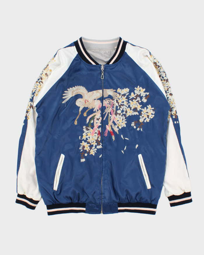 Vintage 1990s Satin Sukajan Embroidered Reversible Varsity Bomber Jacket - M