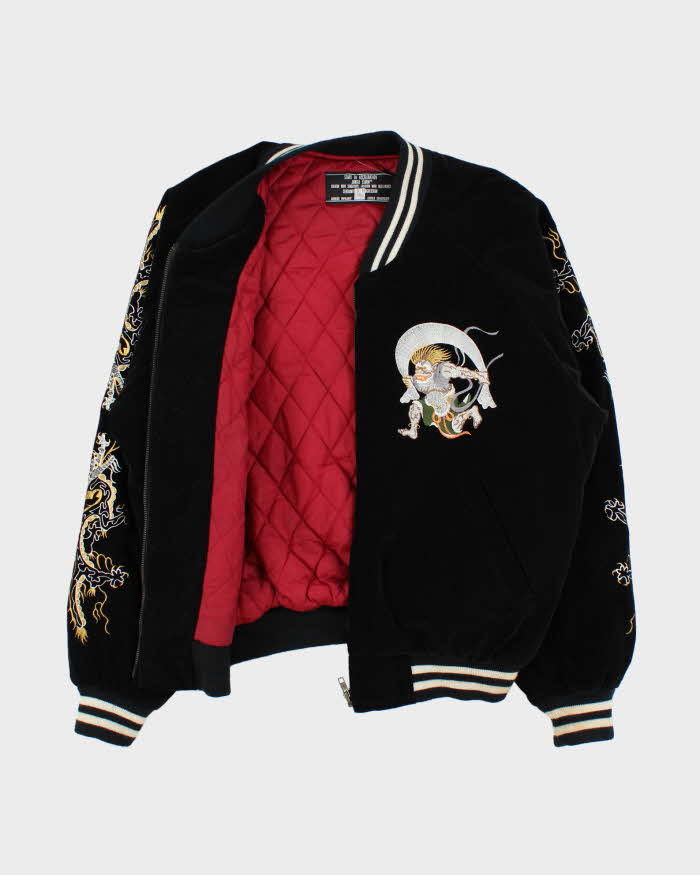 Vintage 1990s Start Of Acceleration Jungle Storm Sukajan Embroidered Velour Varsity Bomber Jacket - M