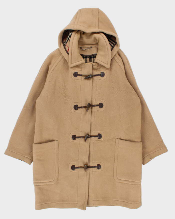 Vintage 1990s Burberry Tan Wool Nova Check Lined Oversized Duffel Coat - M