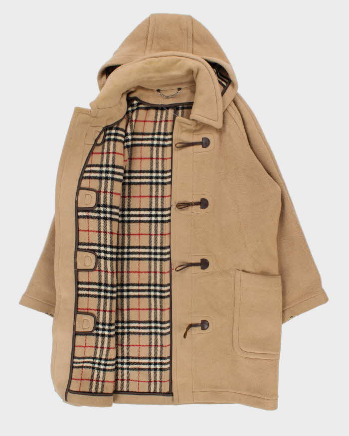 Vintage 1990s Burberry Tan Wool Nova Check Lined Oversized Duffel Coat - M