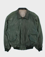 Vintage 1990s Earth Tone Green Calfskin Leather Bomber Jacket - XL
