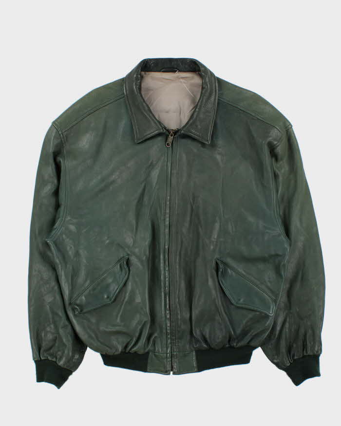 Vintage 1990s Earth Tone Green Calfskin Leather Bomber Jacket - XL