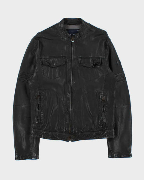 ジャケット・アウター ARMANI JEANS washed leather jacket black Vintage Y2K Armani Jeans Sheep Leather Moto Cafe Racer Biker