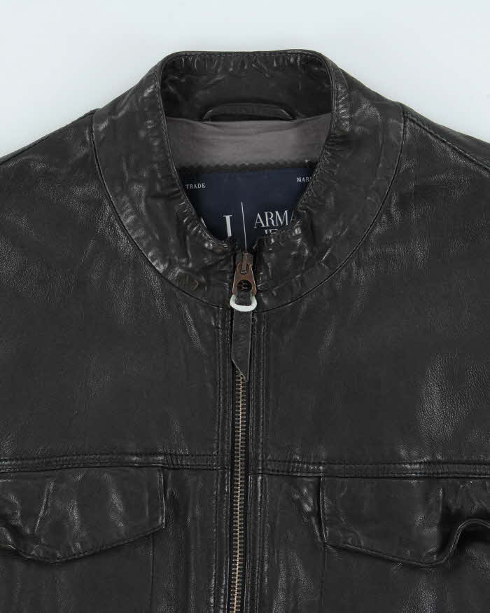 Vintage Y2K Armani Jeans Sheep Leather Moto Cafe Racer Biker Jacket - L
