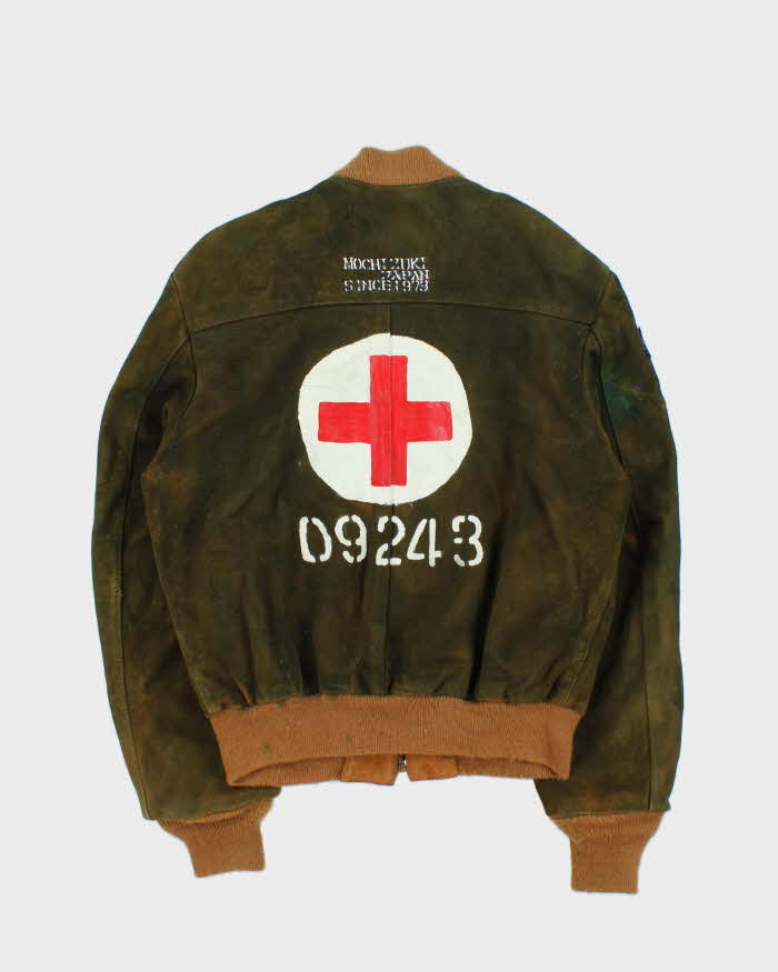 Vintage 1990s Schott NYC U.S Army Medic Mochizuki Japan Hand Painted Suede Bomber Jacket - L