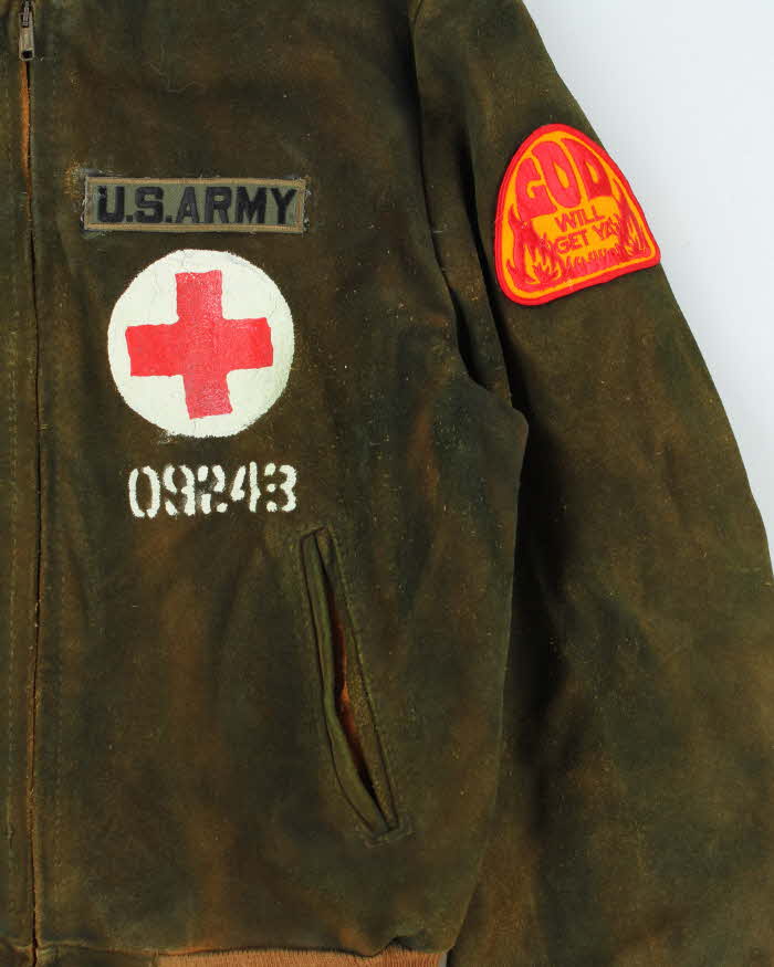 Vintage 1990s Schott NYC U.S Army Medic Mochizuki Japan Hand Painted Suede Bomber Jacket - L