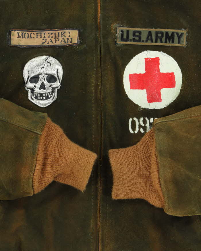Vintage 1990s Schott NYC U.S Army Medic Mochizuki Japan Hand Painted Suede Bomber Jacket - L