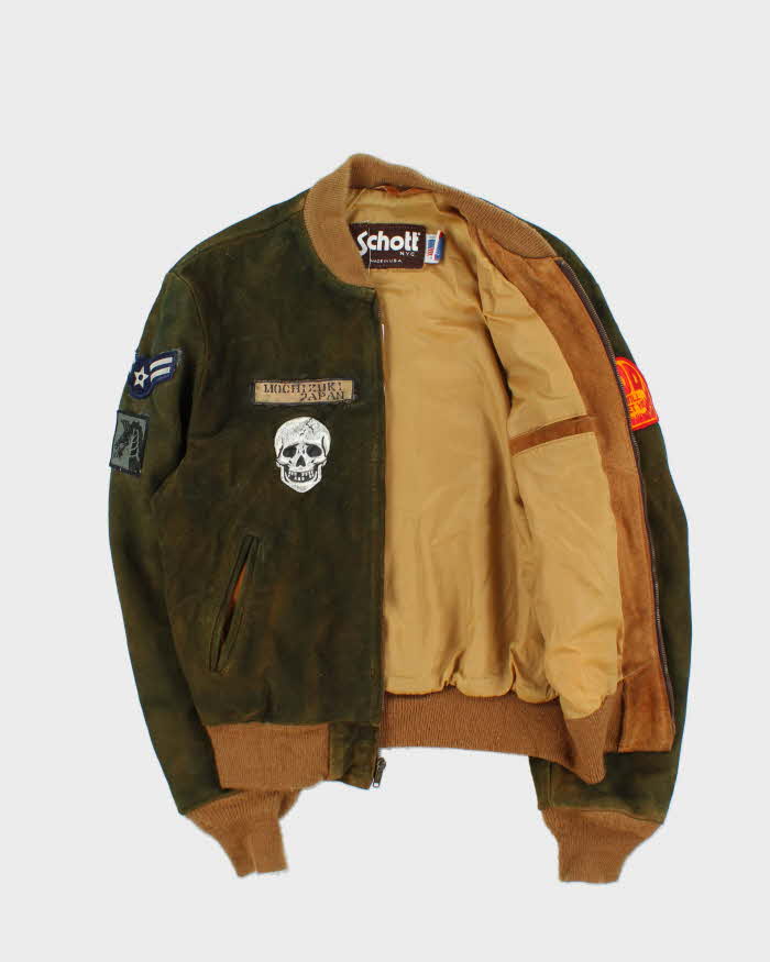 Vintage 1990s Schott NYC U.S Army Medic Mochizuki Japan Hand Painted Suede Bomber Jacket - L