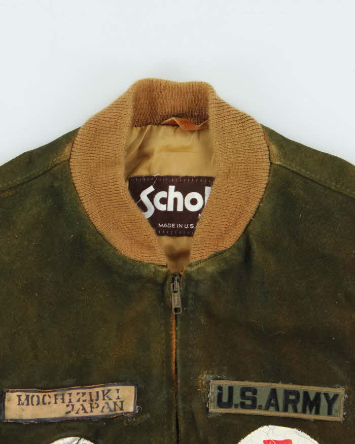 Vintage 1990s Schott NYC U.S Army Medic Mochizuki Japan Hand Painted Suede Bomber Jacket - L