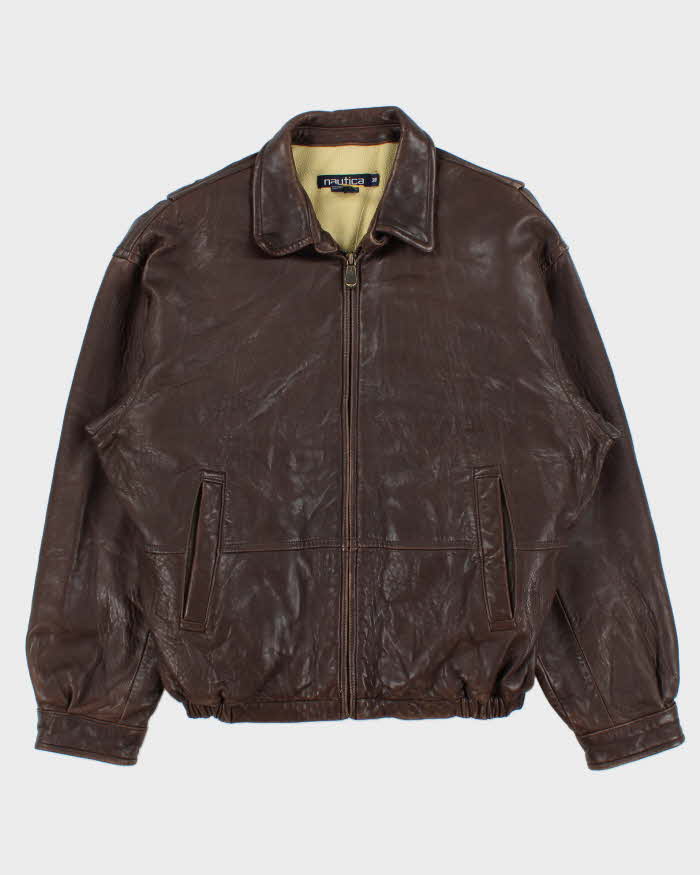 Vintage 1990s Nautica Fleece Quilt Lined Calfskin Leather Bomber Jacket - M