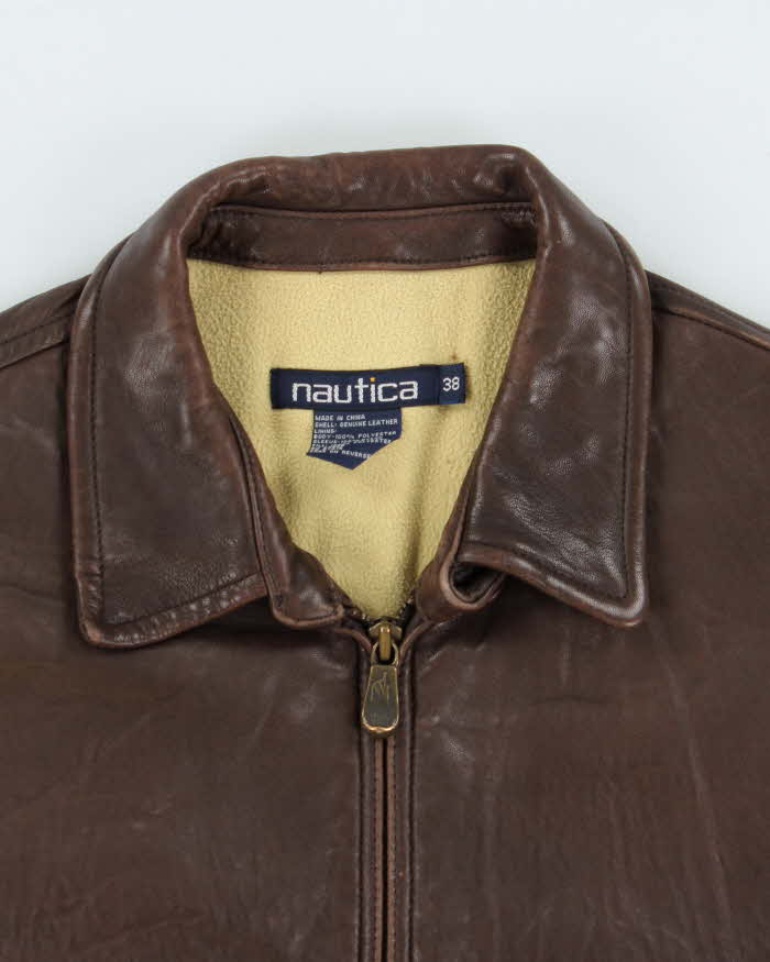 Vintage 1990s Nautica Fleece Quilt Lined Calfskin Leather Bomber Jacket - M