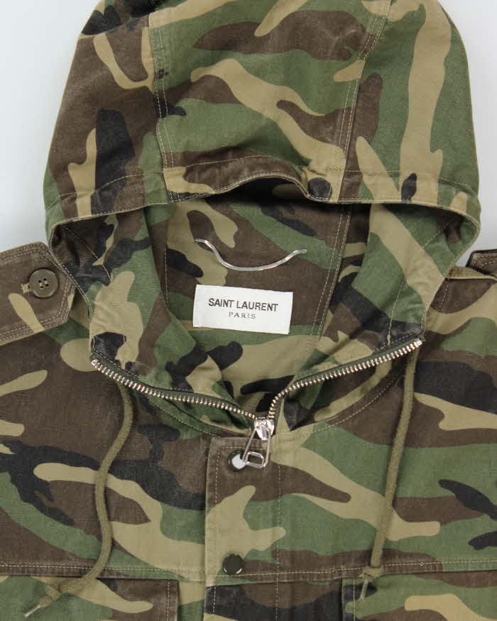 SS2016 Saint Laurent Space Camo Sequin Military Hooded Canvas Hunting Jacket - XL