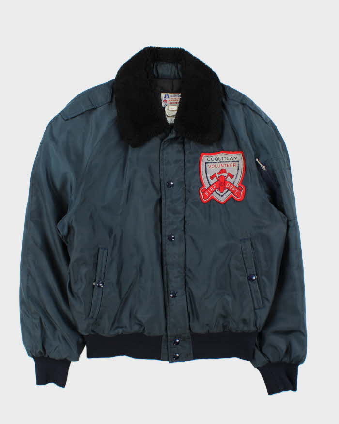 Vintage 1970s Avion Sportswear Coquitlam Fire Dept. Satin Shearling Bomber Jacket - L
