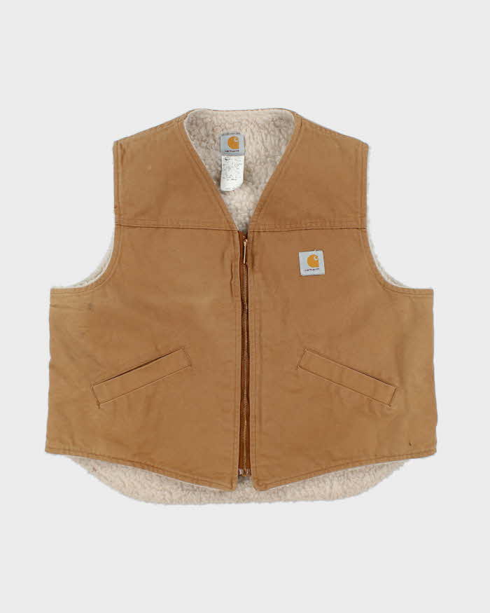 Vintage 1980s Carhartt VO3 Sandstone Canvas Sherpa Lined Union Made In USA Workwear Gilet - XL