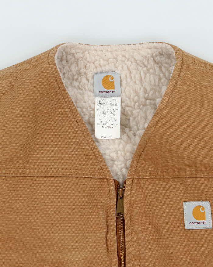 Vintage 1980s Carhartt VO3 Sandstone Canvas Sherpa Lined Union Made In USA Workwear Gilet - XL