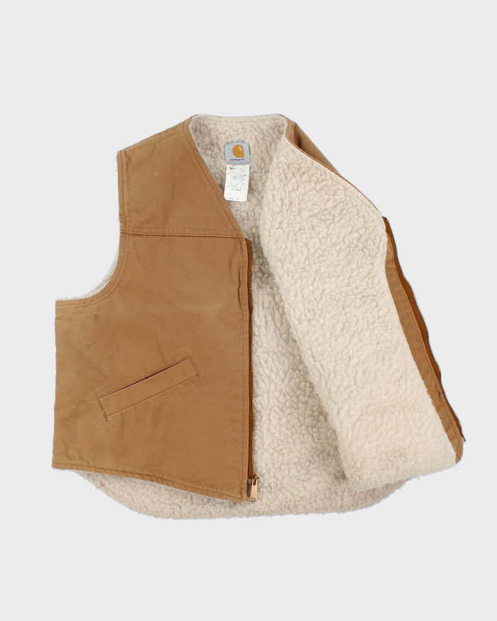 Vintage 1980s Carhartt VO3 Sandstone Canvas Sherpa Lined Union Made In USA Workwear Gilet - XL