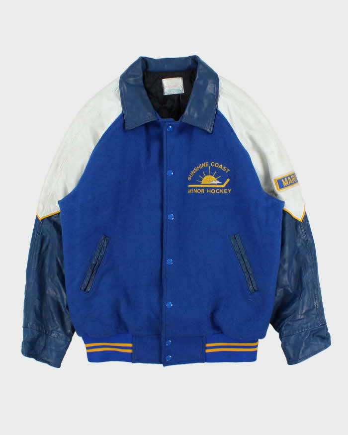 Vintage 1980s Sunshine Coast Hockey Team Wool Leather Varsity Bomber Jacket - L