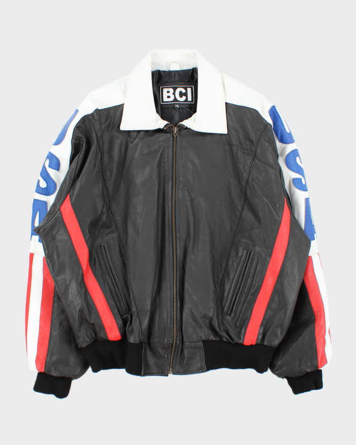 Vintage 1990s USA Spell-Out Flag Leather Collared Bomber Jacket - XL
