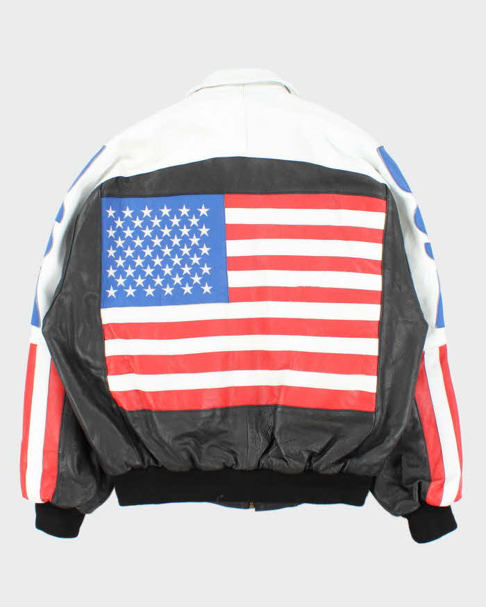 Vintage 1990s USA Spell-Out Flag Leather Collared Bomber Jacket - XL